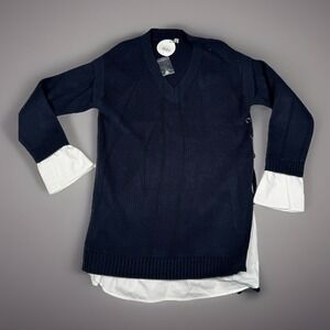 Moon River Women's Ribbed Knit V-Neck Sweater Top Lace-Up Sides Navy Size M